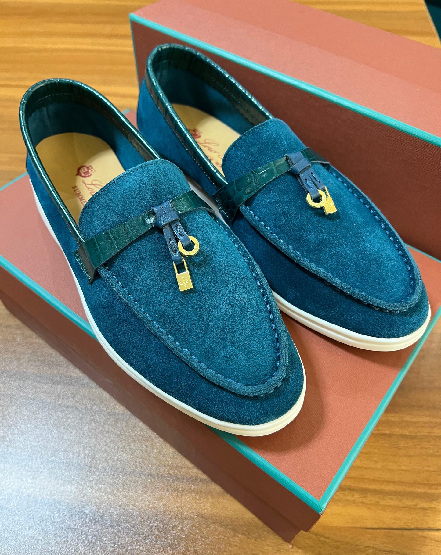 Loro Piana Summer Walk Shoes Teal Blue with Golden Charms