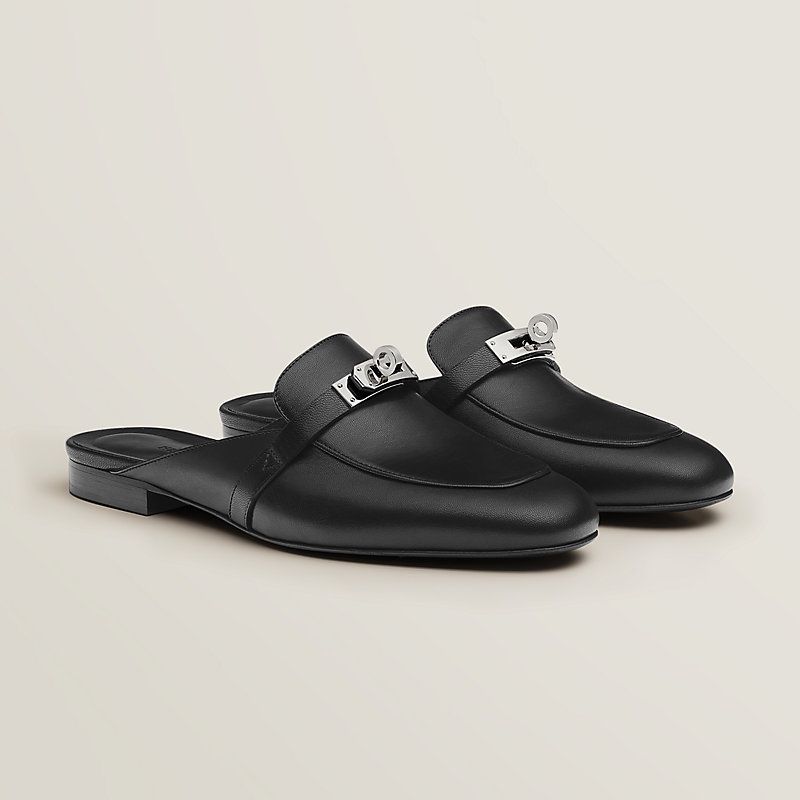 Hermes Shoes Slip Ons Teal Black with Silver Lock