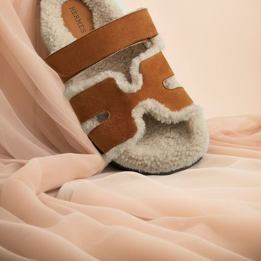 Hermes Slippers Brown with Fur
