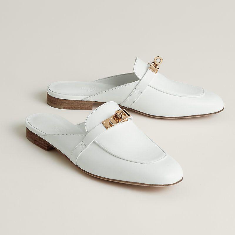 Hermes Shoes Slip Ons White with Golden Lock