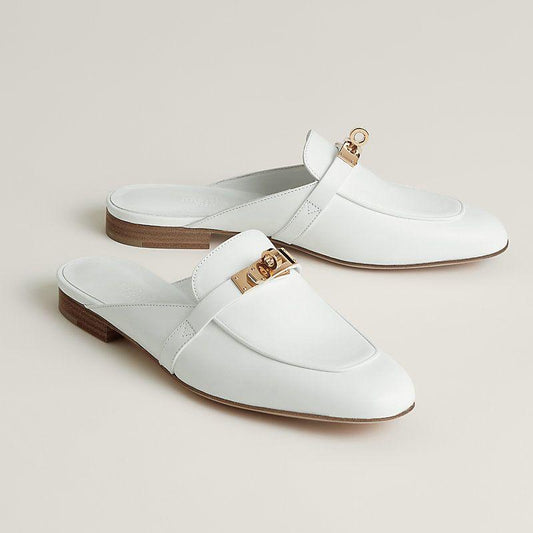 Hermes Shoes Slip Ons White with Golden Lock