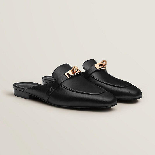 Hermes Shoes Slip Ons Black with Golden Lock