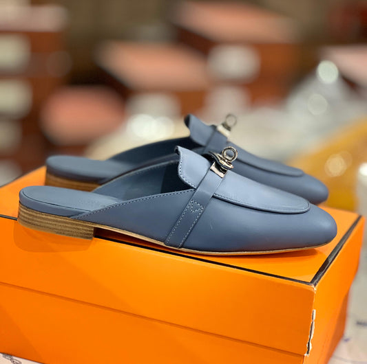 Hermes Shoes Slip Ons Teal Blue with Silver Lock