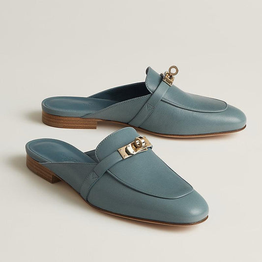 Hermes Shoes Slip Ons Teal Blue with Golden Lock