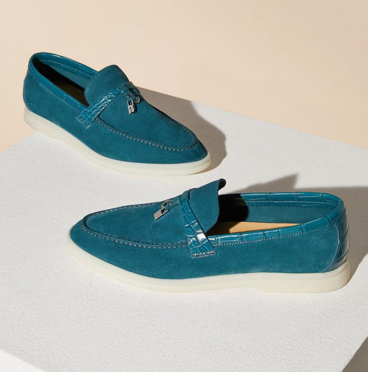 Loro Piana Summer Walk Shoes Teal Blue with Silver Charms